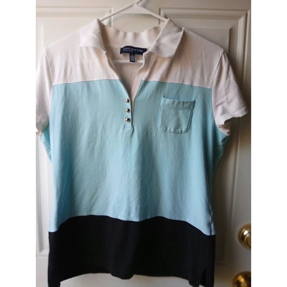 Jones New York Colorblock Polo Top - White, Light Blue & Black